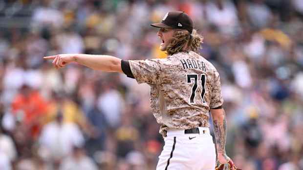 Sep 3, 2023; San Diego, California, USA; San Diego Padres relief pitcher Josh Hader (71) reacts after defeating the San Francisco Giants at Petco Park. Mandatory Credit: Orlando Ramirez-USA TODAY Sports